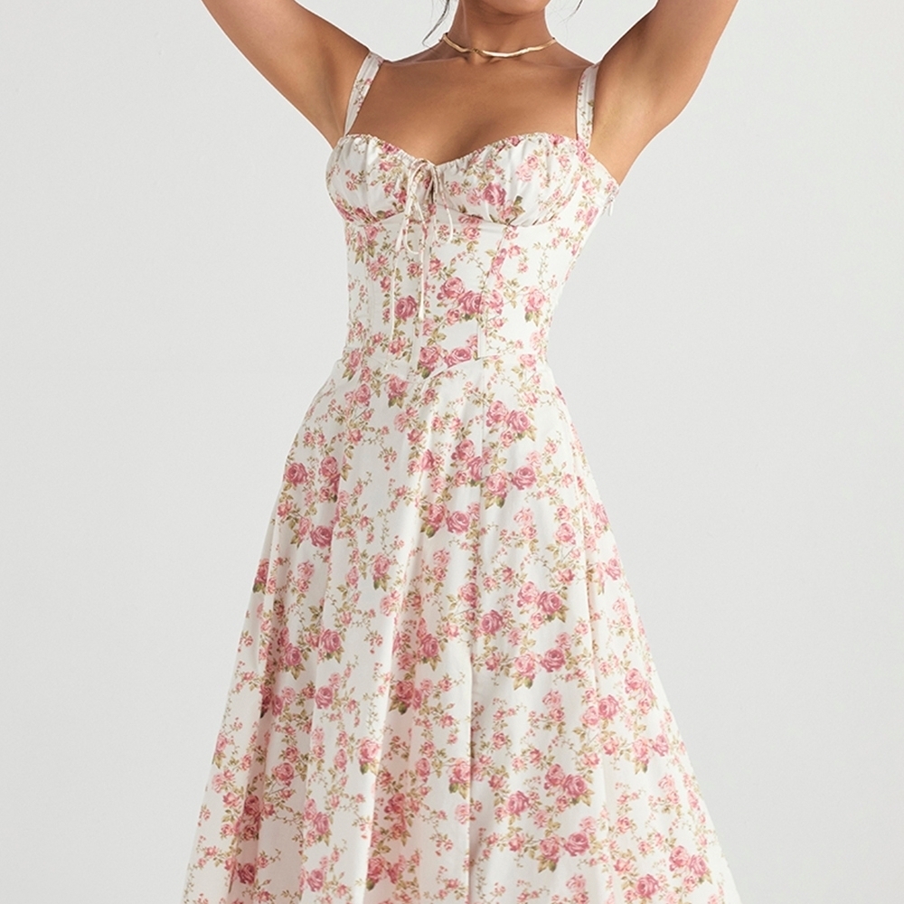 Floral Bustier Midi Dress in Pink